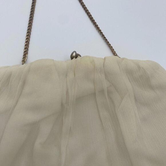 Vintage Cream Chiffon Fabric USA Clutch Evening Bag Gold Hardware Purse - Picture 7 of 12
